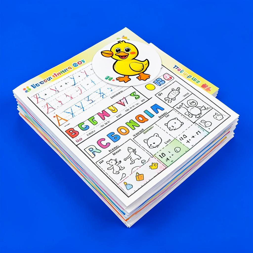 Pilha de atividades pedagógicas impressas do kit, com letras, contas e desenhos para colorir