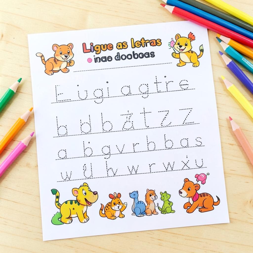Amostra de atividade de alfabetização: ligar letras com traçado pontilhado
